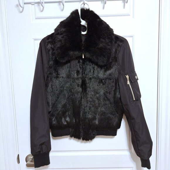 RK Black bomber jacket with rabbit hair front and detachable rabbit hair collar - Picture 7 of 12